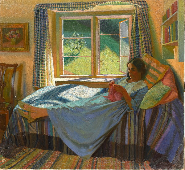 Artist Gerald Gardiner: The Artist’s Wife, Evelyn, Knitting on a Daybed, 1934