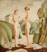 Artist Geoffrey Clement Cowles: Two nudes standing by a river, circa 1920